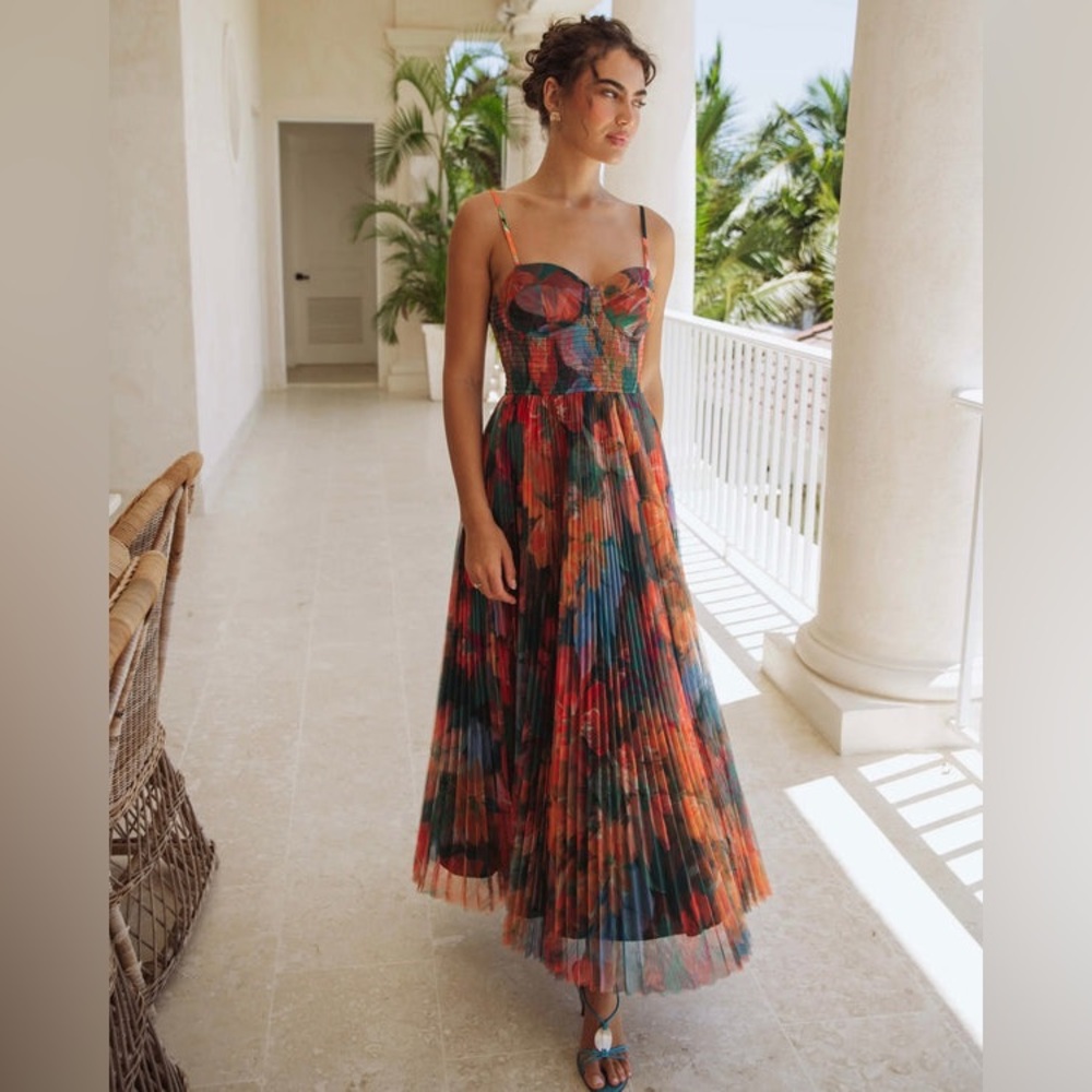 HUTCH BRIANNA GOWN in Teal Multi Overlay Hibiscus Floral NEW
